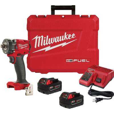 Milwaukee M18 FUEL Brushless 1/2 In. Compact Cordless Impact Wrench Kit with Friction Ring, (2) 5.0 Ah Resistant Batteries & Charger