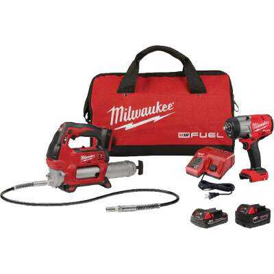 Milwaukee M18 FUEL 2-Tool Brushless Cordless High Torque Impact Wrench & Grease Gun Combo Kit with (1) 5.0 Ah Battery, (1) 2.0 Ah Battery & Charger